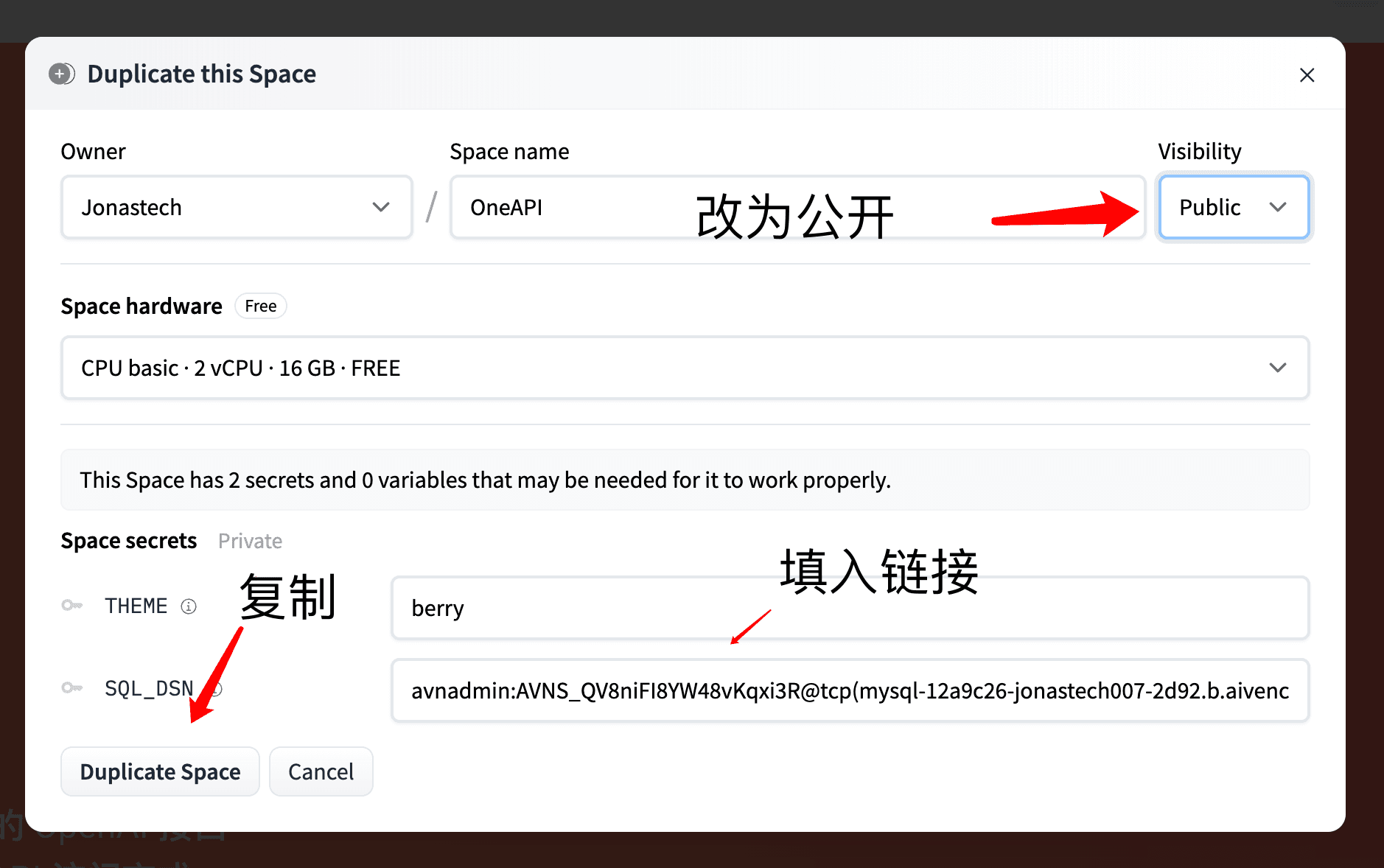 6. Fill in the variables and copy to space